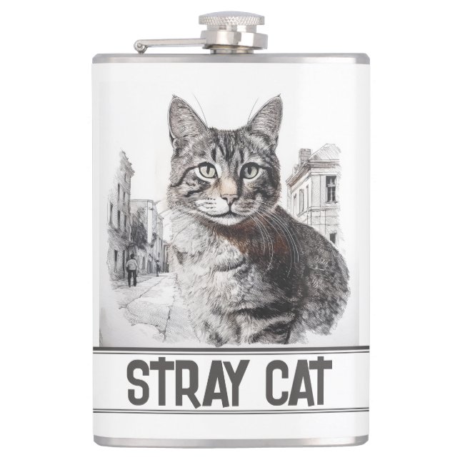 White Stray Cat Hip Flask (Front)