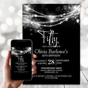 White String Lights Black 50th Birthday Party Invitation