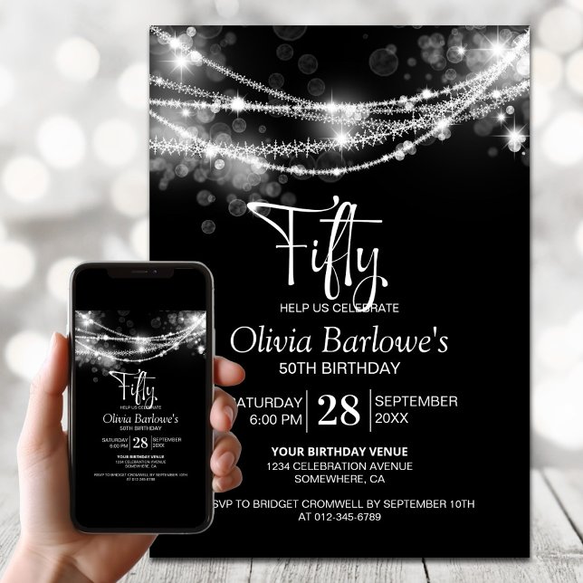 White String Lights Black 50th Birthday Party Invitation (Creator Uploaded)