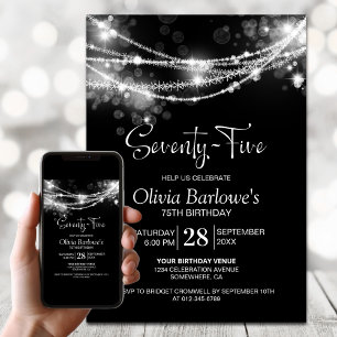 White String Lights Black 75th Birthday Party Invitation