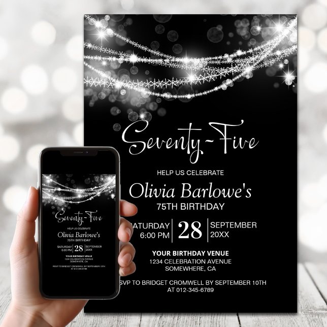White String Lights Black 75th Birthday Party Invitation (Creator Uploaded)