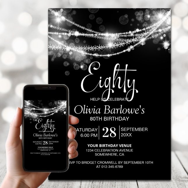 White String Lights Black 80th Birthday Party Invitation (Creator Uploaded)