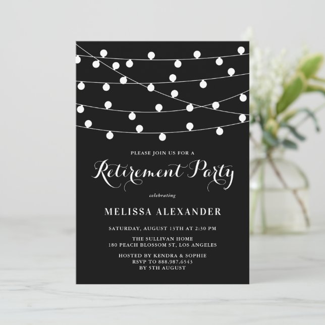 White String Lights Black Retirement Party Invitation (Standing Front)
