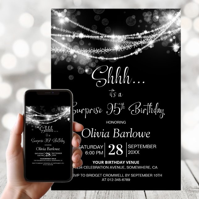 White String Lights Black Surprise 95th Birthday Invitation (Creator Uploaded)