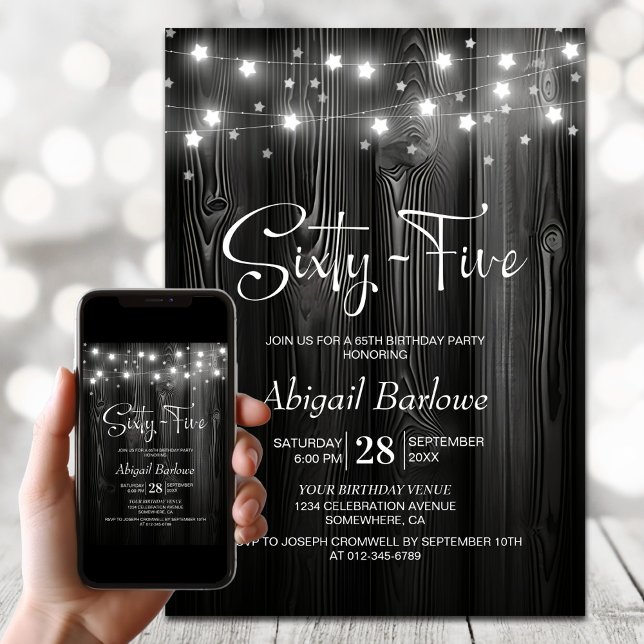 White String Lights Black Wood 65th Birthday Party Invitation (Creator Uploaded)