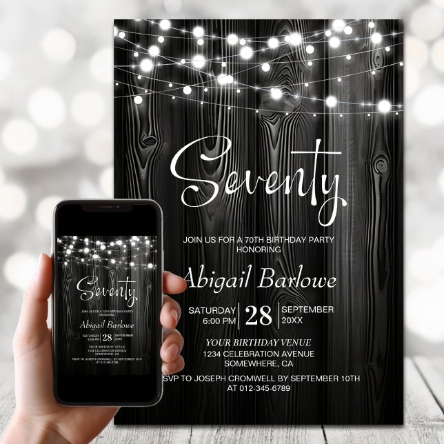 White String Lights Black Wood 70th Birthday Invitation (Creator Uploaded)