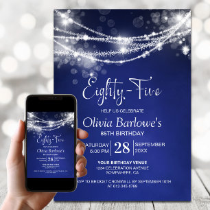 White String Lights Blue 85th Birthday Party Invitation