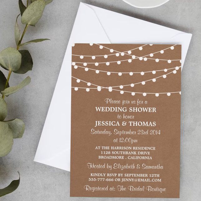 White String Lights On Rustic Kraft Wedding Shower Invitation (Creator Uploaded)