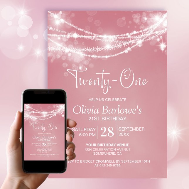 White String Lights Pink 21st Birthday Party Invitation (Creator Uploaded)