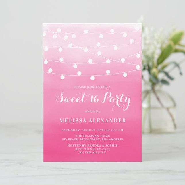 White String Lights Pink Ombre Sweet 16 Party Invitation (Standing Front)