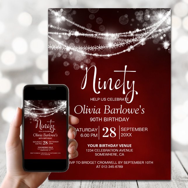 White String Lights Red 90th Birthday Party Invitation (Creator Uploaded)