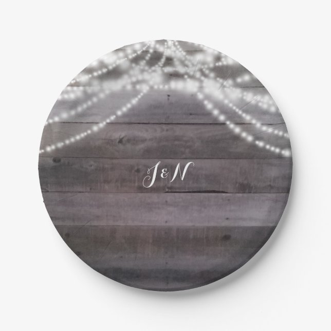 White String lights & Rustic Wood Paper Plate (Front)