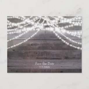 White String lights & Rustic Wood Save the Date Announcement Postcard