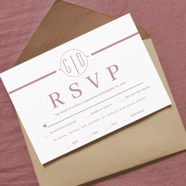 White stripe and initials dusty rose pink wedding RSVP card (Creator Uploaded)