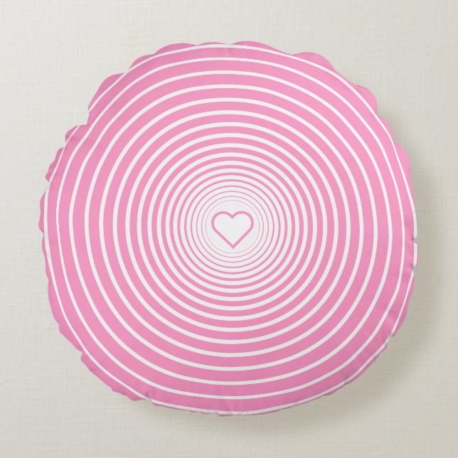 White Striped Pink Round Pillow with Heart (Front)