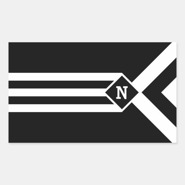 White Stripes and Chevrons on Black with Monogram Rectangular Sticker (Front)