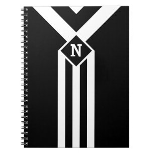 White Stripes and Chevrons on Black with Monogram Spiral Notebook