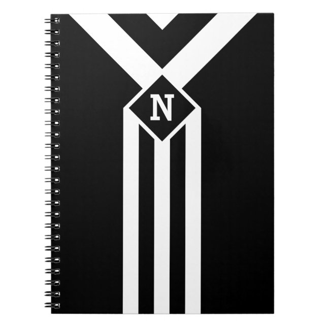 White Stripes and Chevrons on Black with Monogram Spiral Notebook (Front)