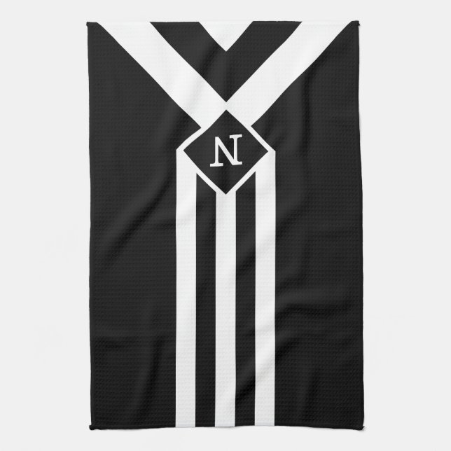White Stripes and Chevrons on Black with Monogram Tea Towel (Vertical)