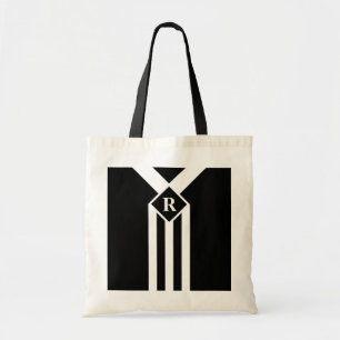 White Stripes and Chevrons on Black with Monogram Tote Bag