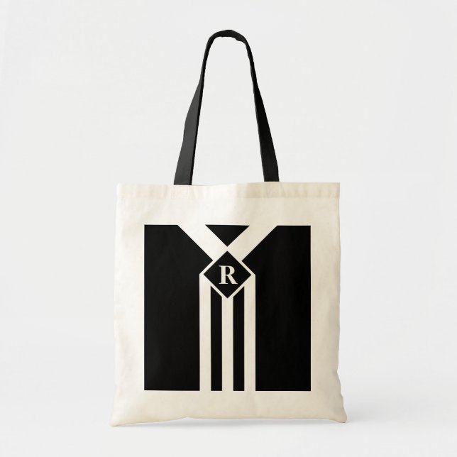 White Stripes and Chevrons on Black with Monogram Tote Bag (Front)