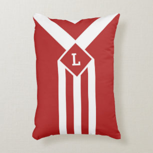 White Stripes and Chevrons on Red with Monogram Decorative Cushion