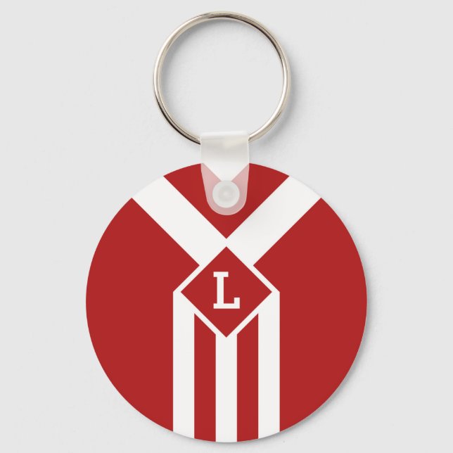 White Stripes and Chevrons on Red with Monogram Key Ring (Front)