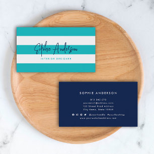 White Stripes and Custom Colour Modern Script Business Card