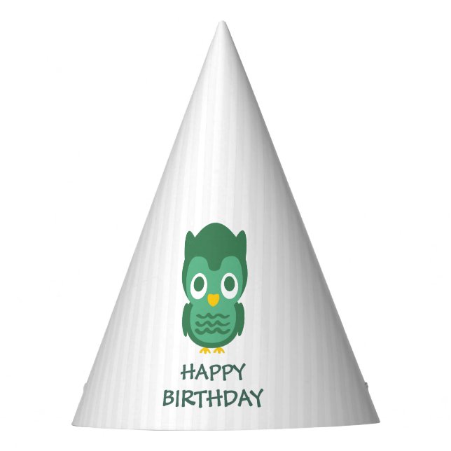 White Stripes And Green Baby Owl- Happy Birthday Party Hat (Front)
