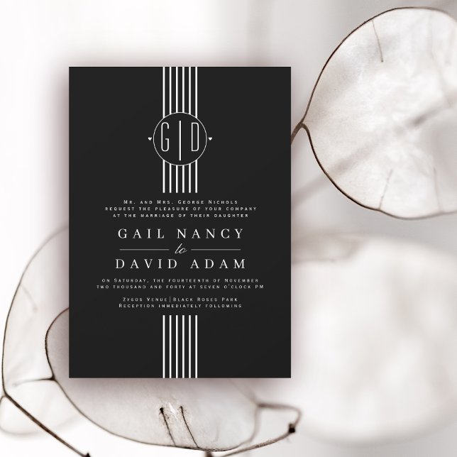 White stripes and initials black wedding invitation (Creator Uploaded)