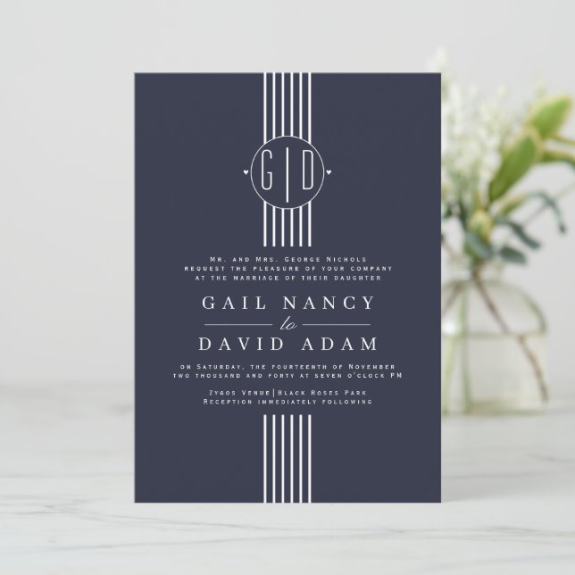 White stripes and initials midnight blue wedding invitation (Standing Front)