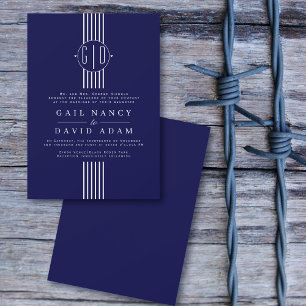 White stripes and initials navy blue wedding invitation