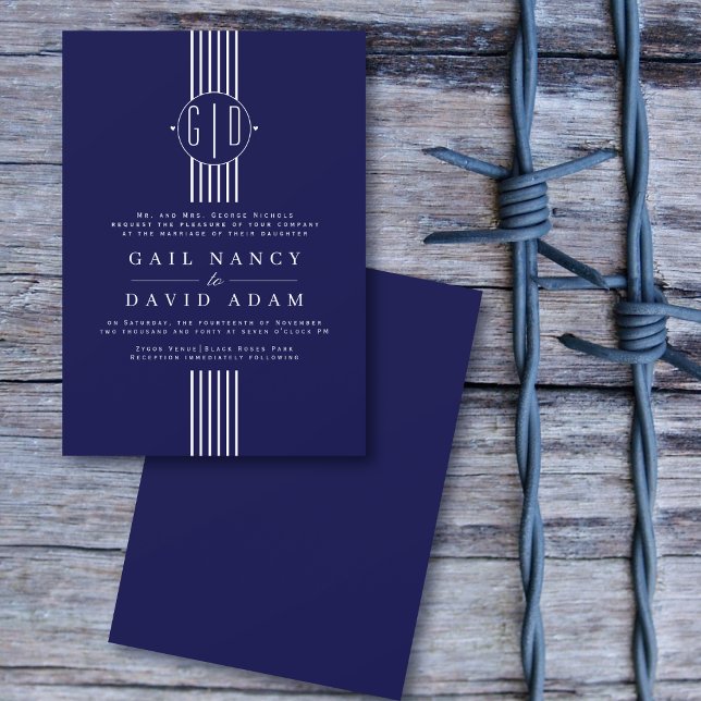 White stripes and initials navy blue wedding invitation (Creator Uploaded)