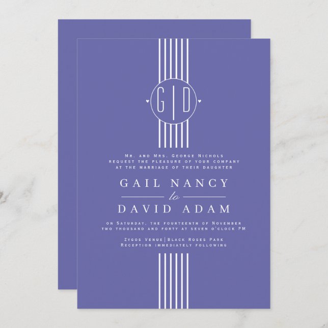 White stripes and initials periwinkle blue wedding invitation (Front/Back)
