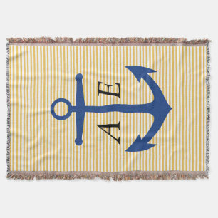 White Stripes Nautical Anchor Custom Throw Blanket