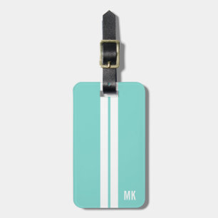 White Stripes on Teal Blue with initials Luggage Tag