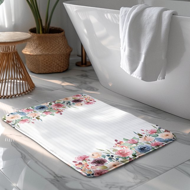 White Stripes Spring Flowers Border Accent Bath Mat (Creator Uploaded)