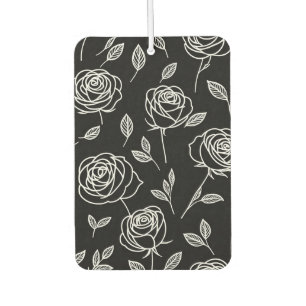 White Stylised Roses on black Car Air Freshener