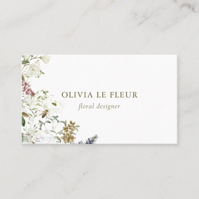 White | Stylish Minimal Botanical Business Card (Front)