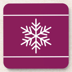 White Stylish Snowflake Stripes On Burgundy Red Coaster
