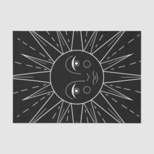 White stylized retro vintage sun on black tissue paper