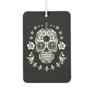 White Sugar Skull and Cross with Fleur De Lis Car Air Freshener