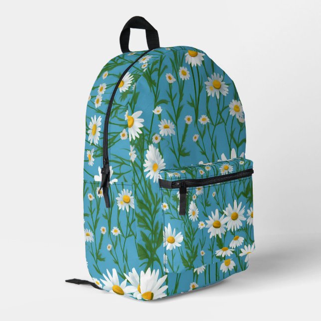 White Summer Daisies On Aqua Printed Backpack (Back Corner Left)