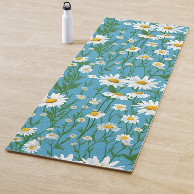 White Summer Daisies On Aqua Yoga Mat (In Situ)