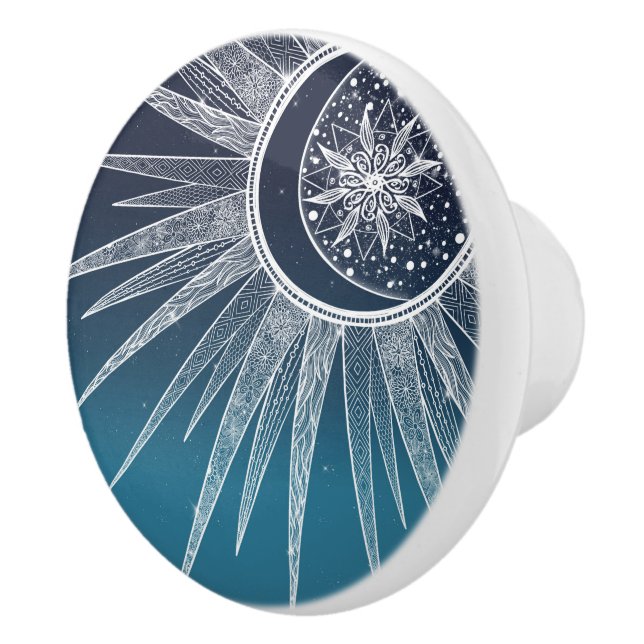 White Sun Moon Mandala Blue Gradient Design Ceramic Knob (Right)