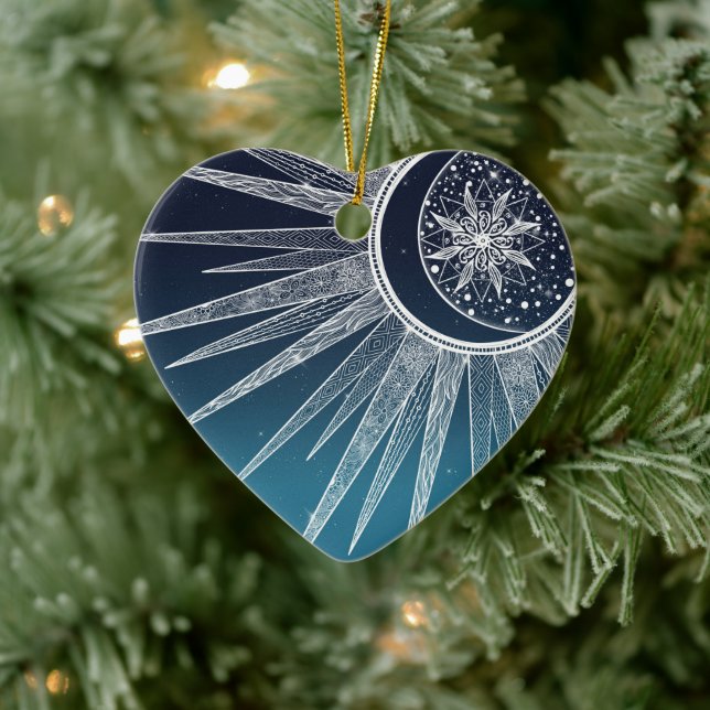 White Sun Moon Mandala Blue Gradient Design Ceramic Tree Decoration (Tree)