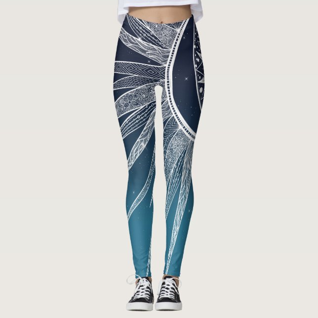 White Sun Moon Mandala Blue Gradient Design Leggings (Front)