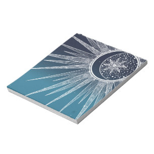 White Sun Moon Mandala Blue Gradient Design Notepad