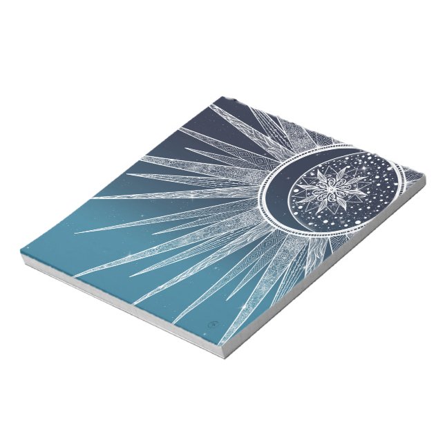 White Sun Moon Mandala Blue Gradient Design Notepad (Rotated)