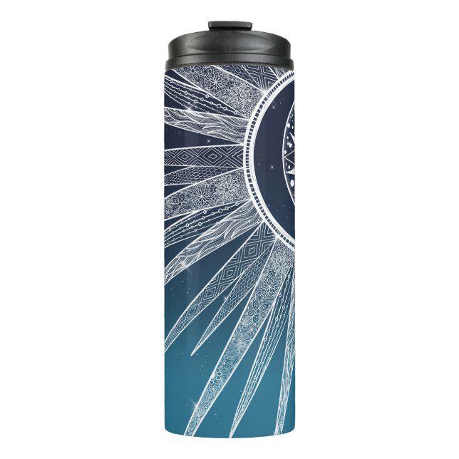 White Sun Moon Mandala Blue Gradient Design Thermal Tumbler (Front)